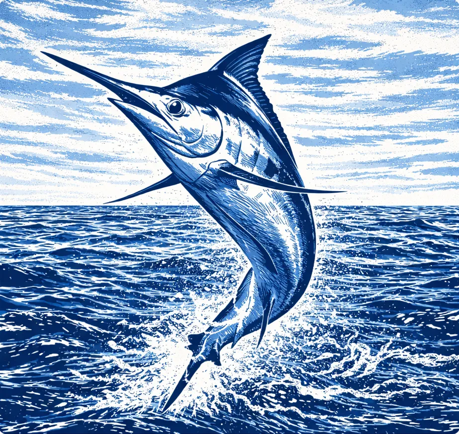 Stylized illustration of a club member with a marlin catch